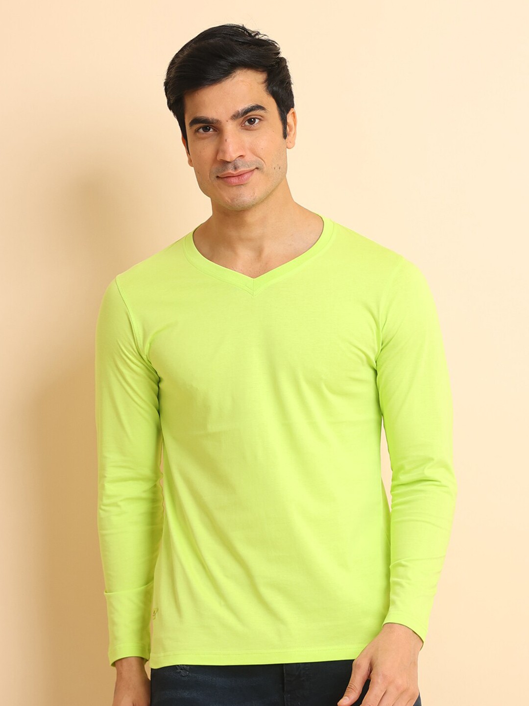 

berry blues V-Neck Long Sleeves Cotton T-shirt, Green