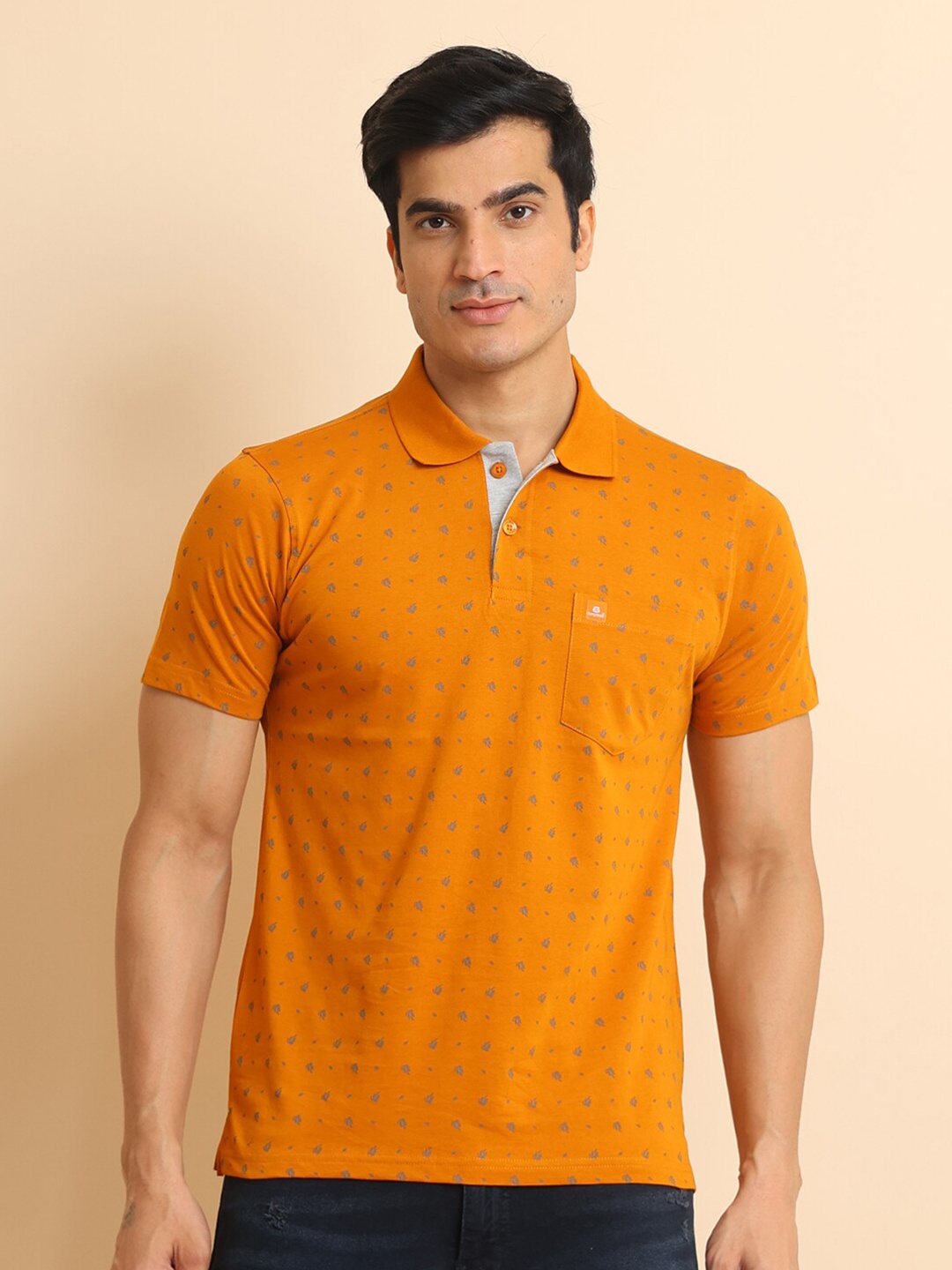 

berry blues Floral Printed Polo Collar Short Sleeves Cotton T-Shirt, Orange