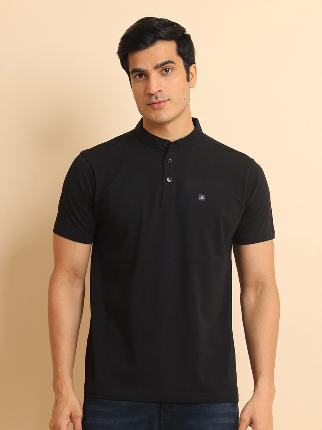 

berry blues Henley Neck Short Sleeves Cotton T-shirt, Black