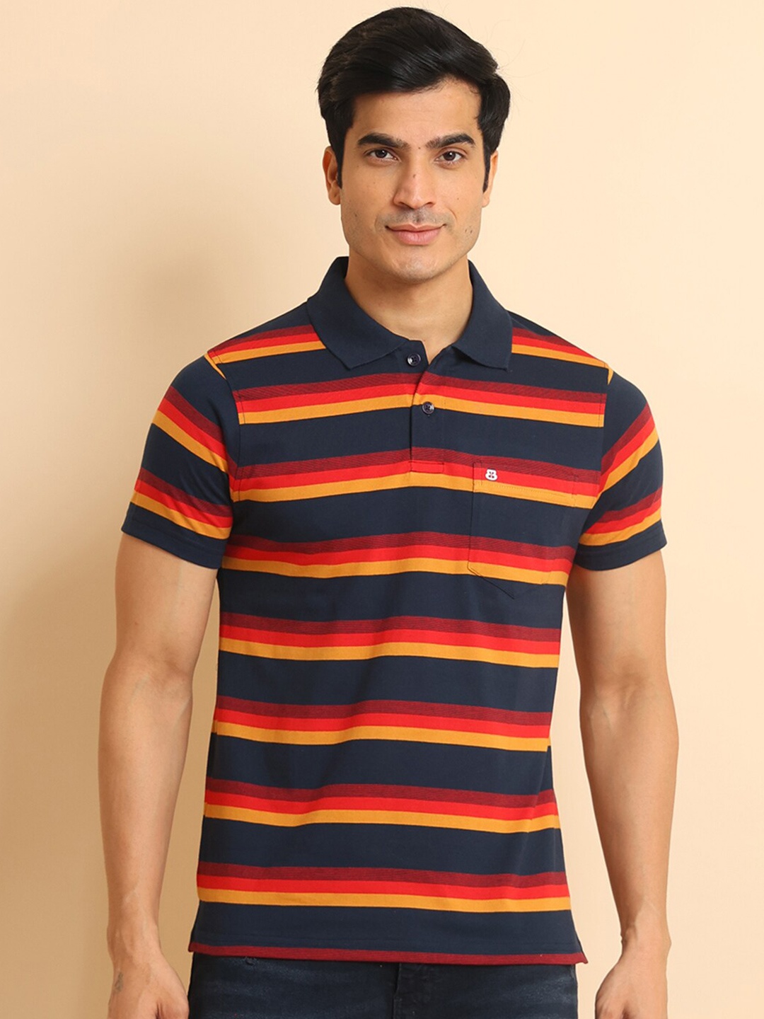 

berry blues Striped Polo Collar Short Sleeves Cotton T-shirt, Navy blue