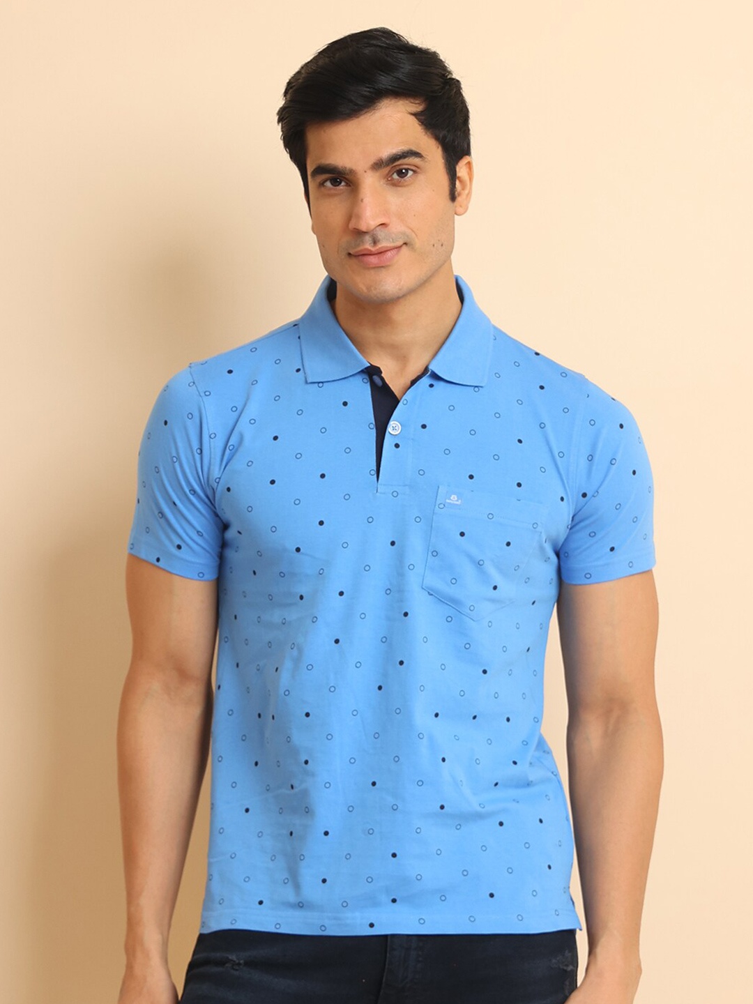 

berry blues Geometric Printed Short Sleeves Polo Collar Cotton T-shirt, Blue