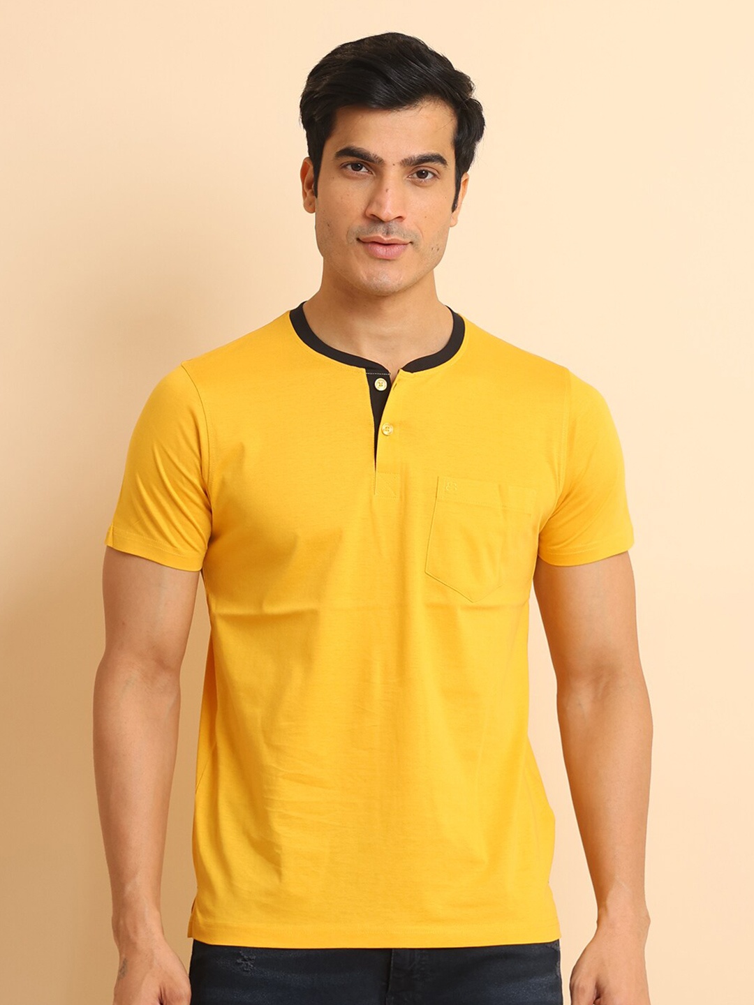 

berry blues Henley Neck Short Sleeves Cotton T-Shirt, Mustard