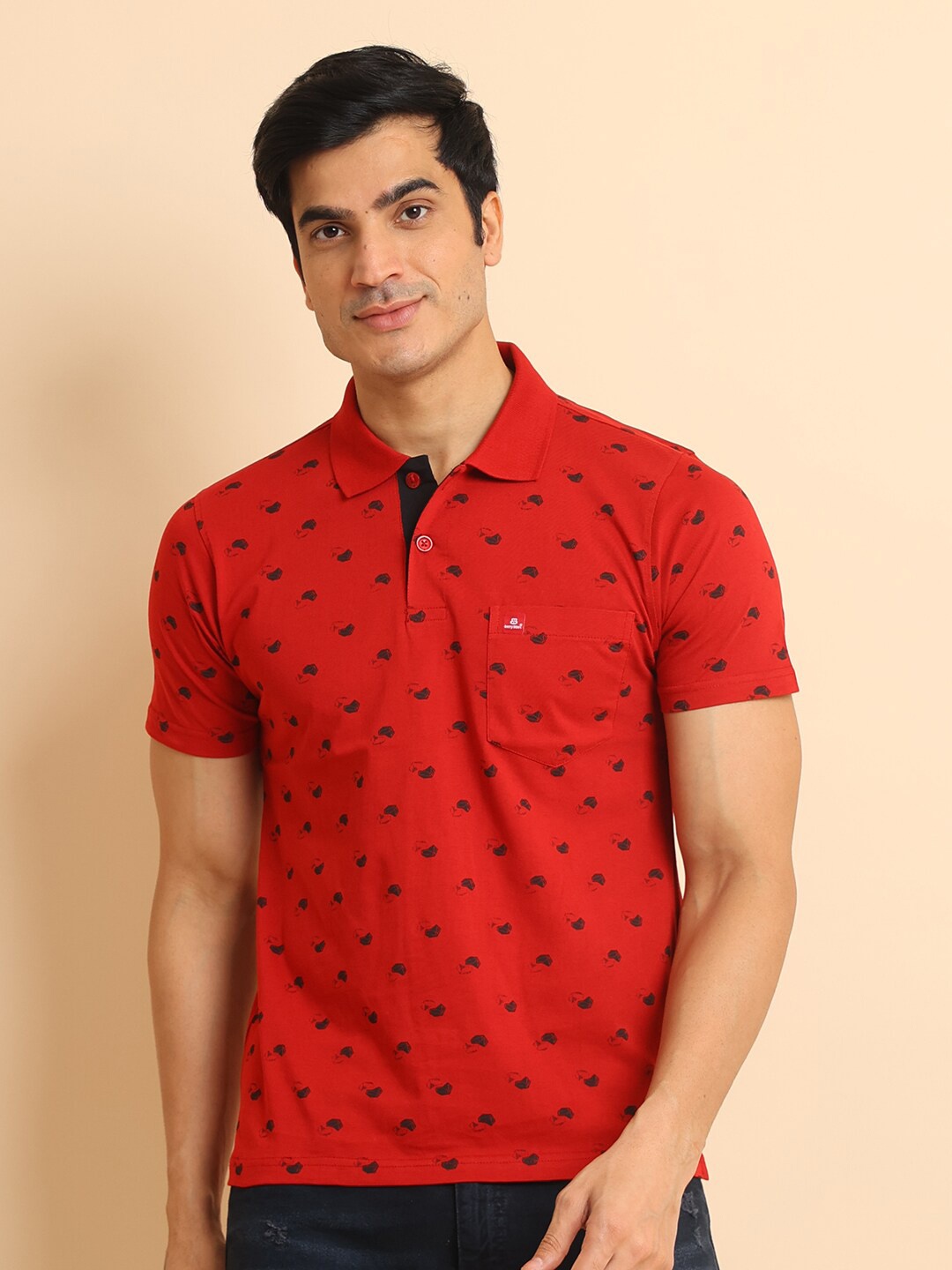

berry blues Conversational Printed Polo Collar Short Sleeves Cotton T-shirt, Red