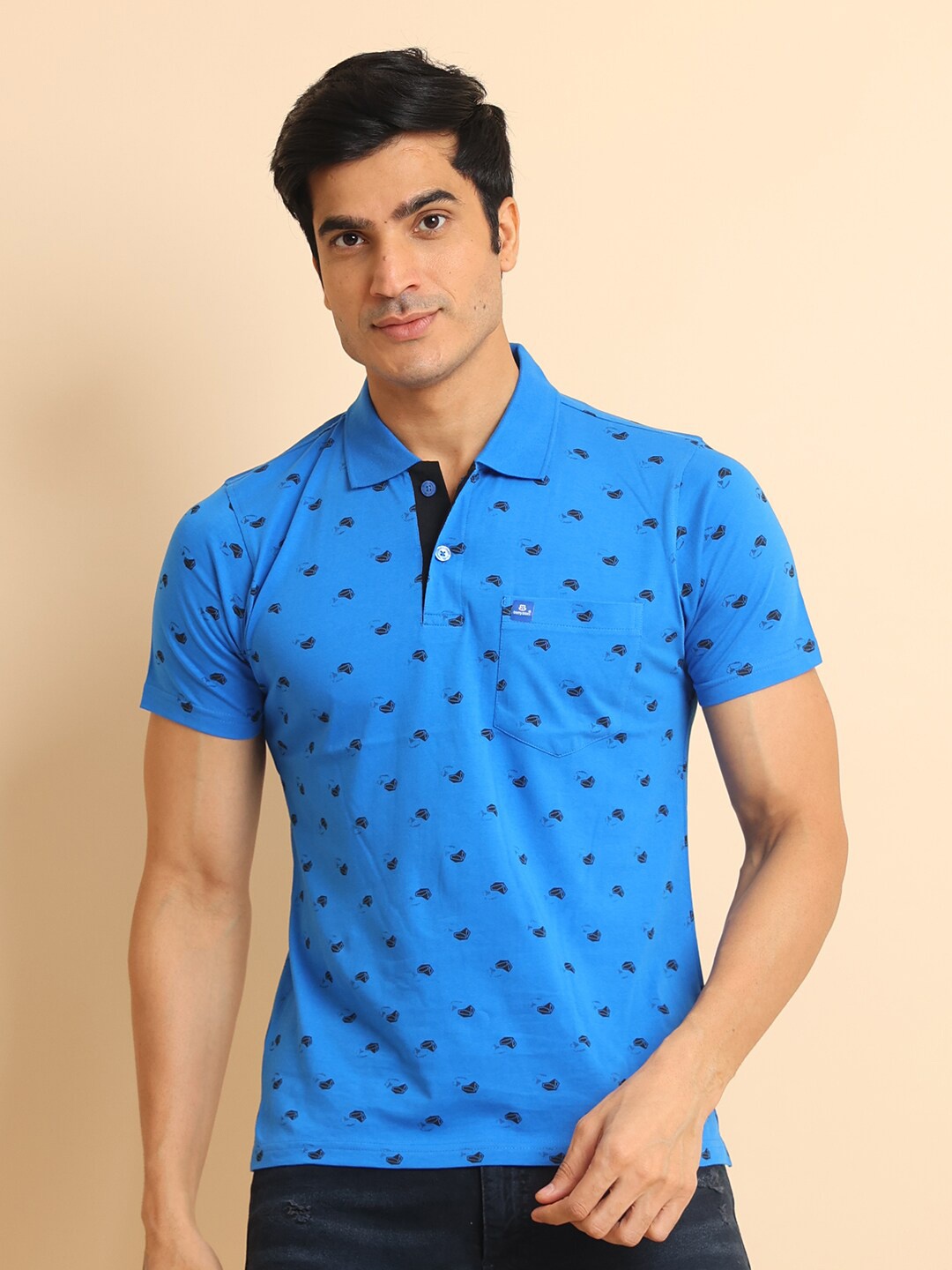 

berry blues Conversational Printed Short Sleeves Polo Collar Casual Cotton T-shirt, Blue