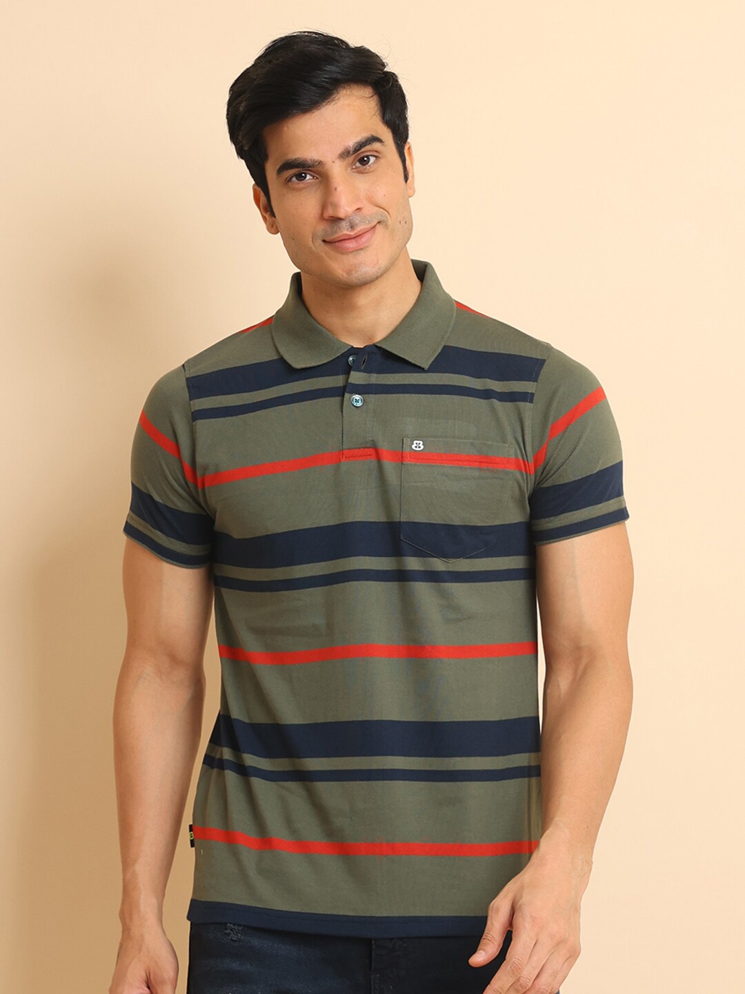

berry blues Striped Polo Collar Short Sleeves Cotton T-shirt, Olive