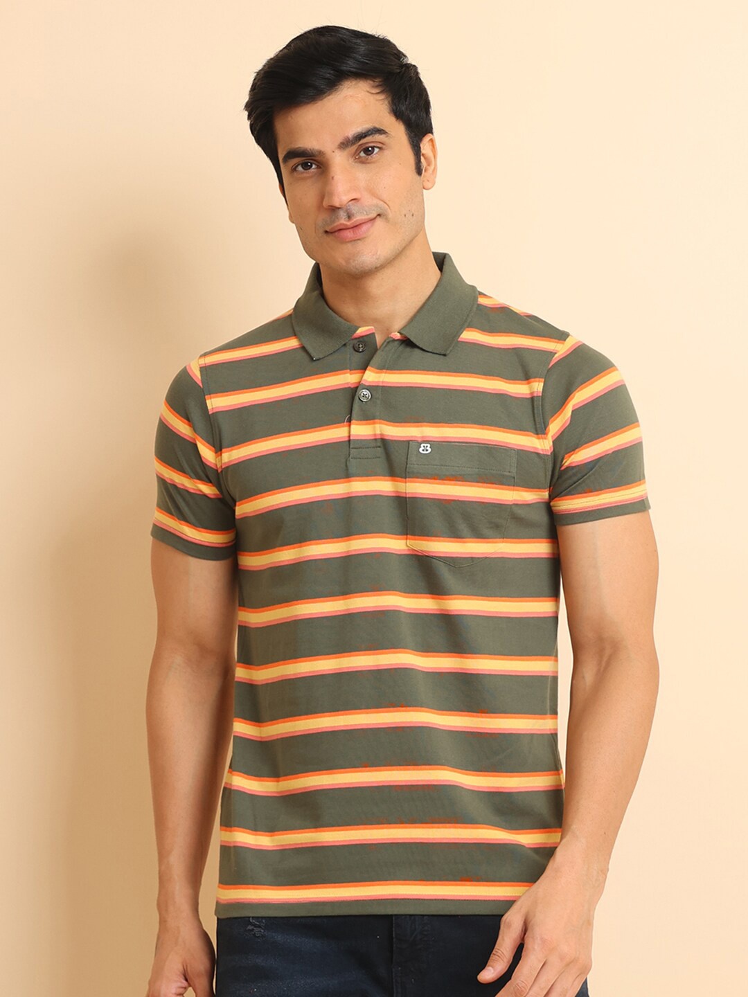 

berry blues Striped Polo Collar Short Sleeves Cotton T-shirt, Olive