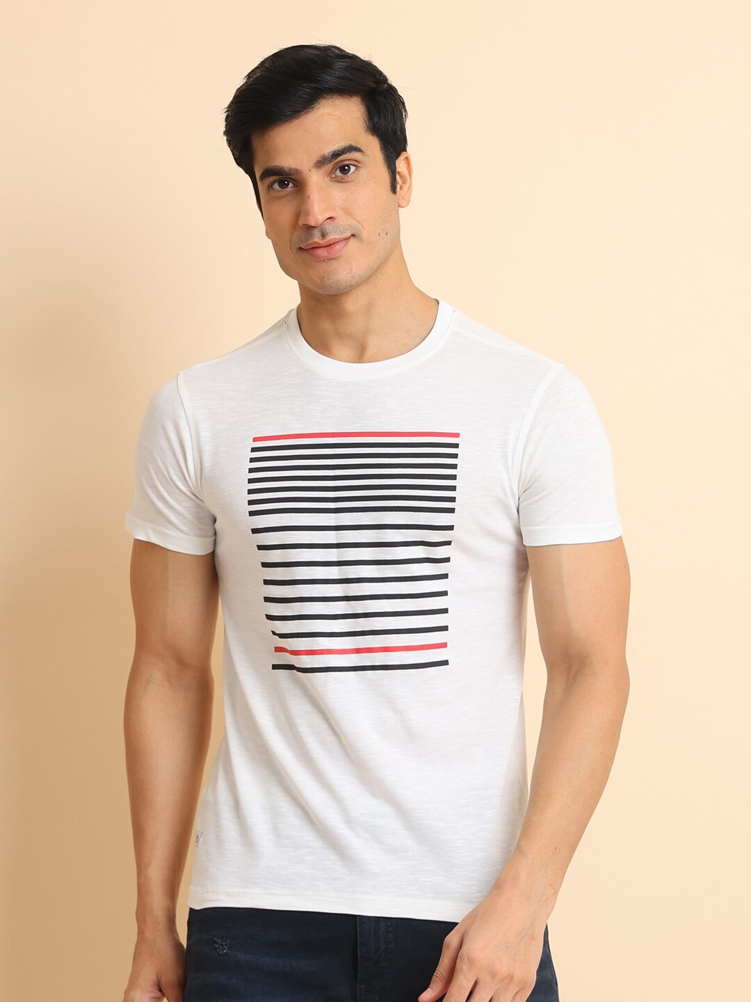 

berry blues Striped Round Neck Short Sleeves Cotton T-shirt, White