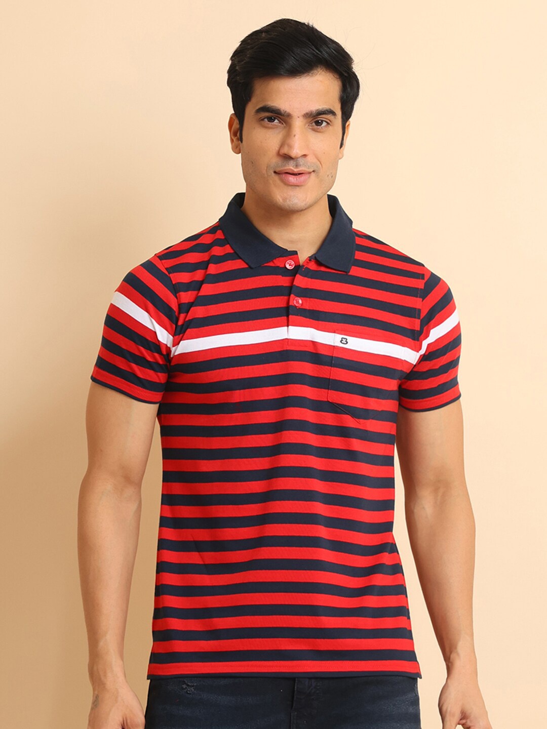 

berry blues Striped Polo Collar Short Sleeves Cotton T-shirt, Red