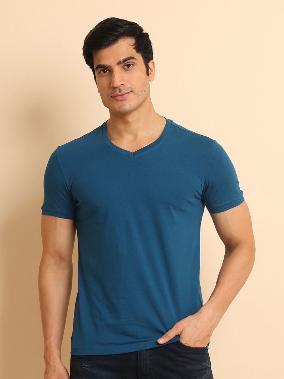 

berry blues V-Neck Short Sleeves Cotton T-shirt, Blue