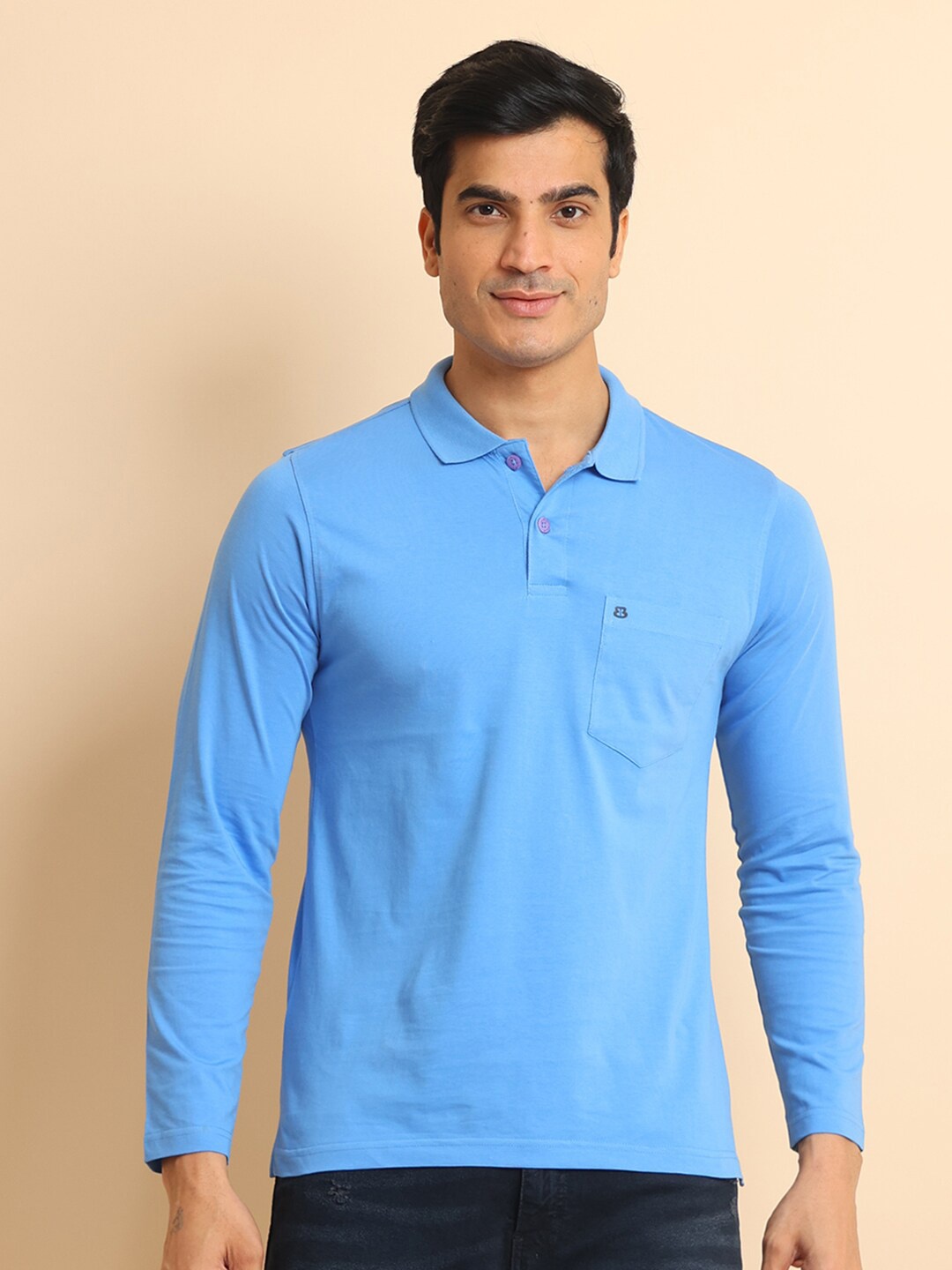 

berry blues Cotton Polo Collar Long Sleeves Pockets T-Shirt, Blue