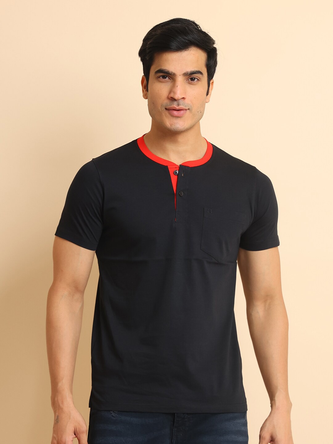 

berry blues Henley Neck Short Sleeves Cotton T-shirt, Black