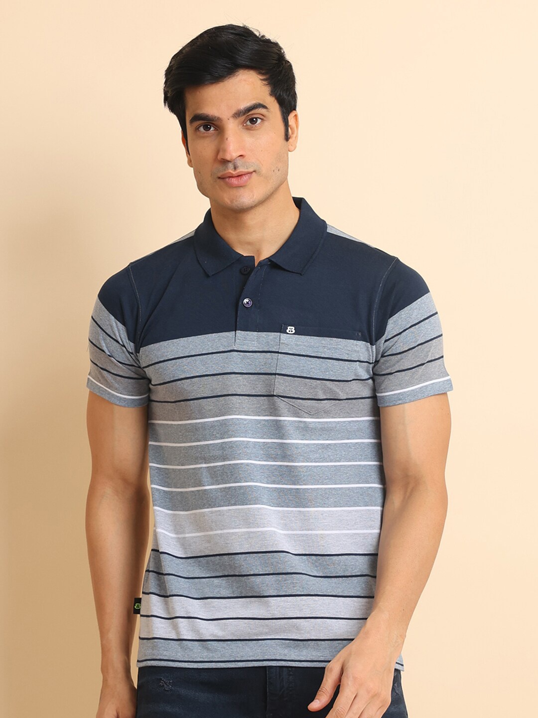 

berry blues Striped Cotton Polo Collar Short Sleeves Pockets T-Shirt, Navy blue