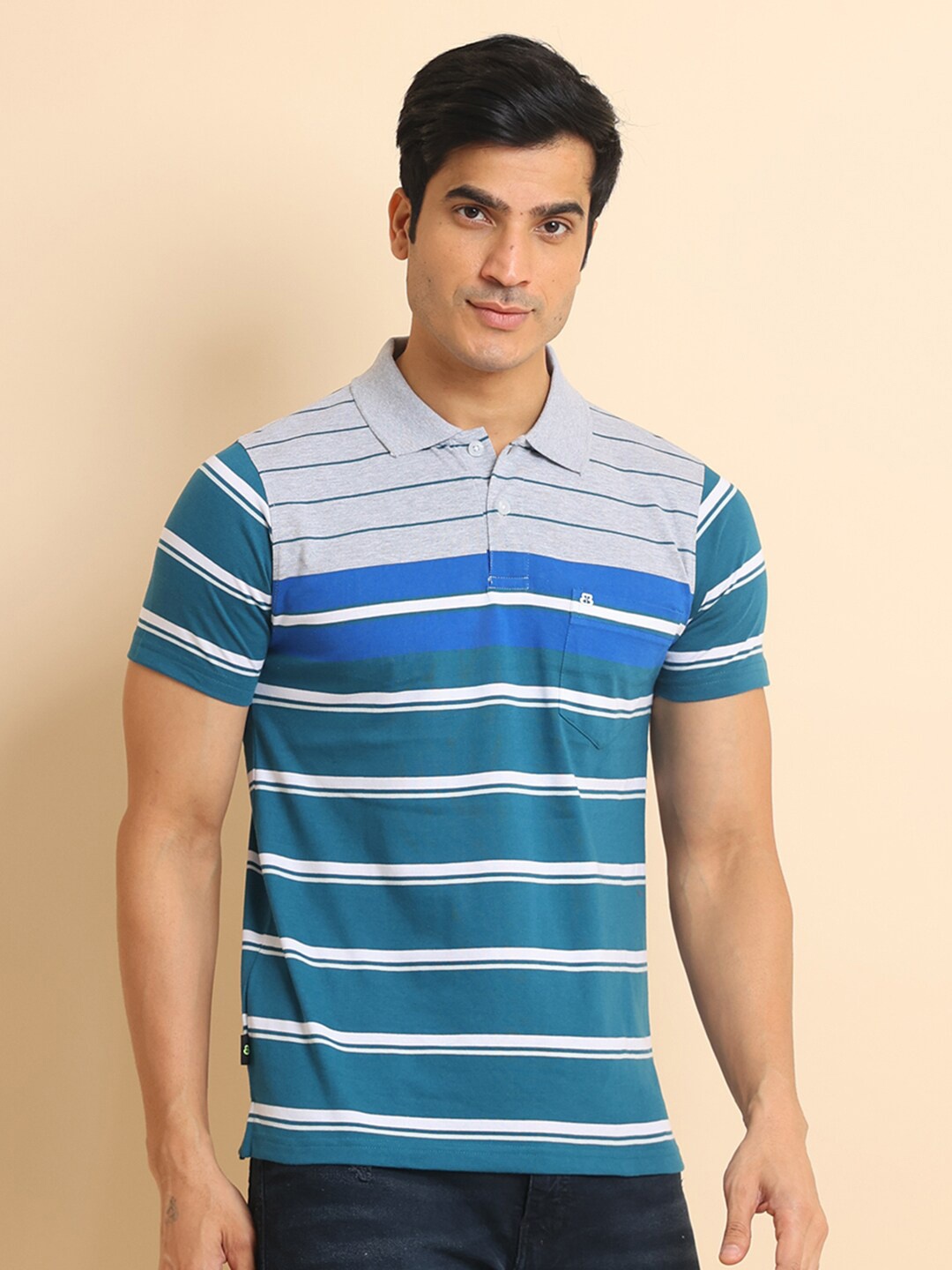 

berry blues Striped Polo Collar Short Sleeves Cotton T-Shirt, Grey