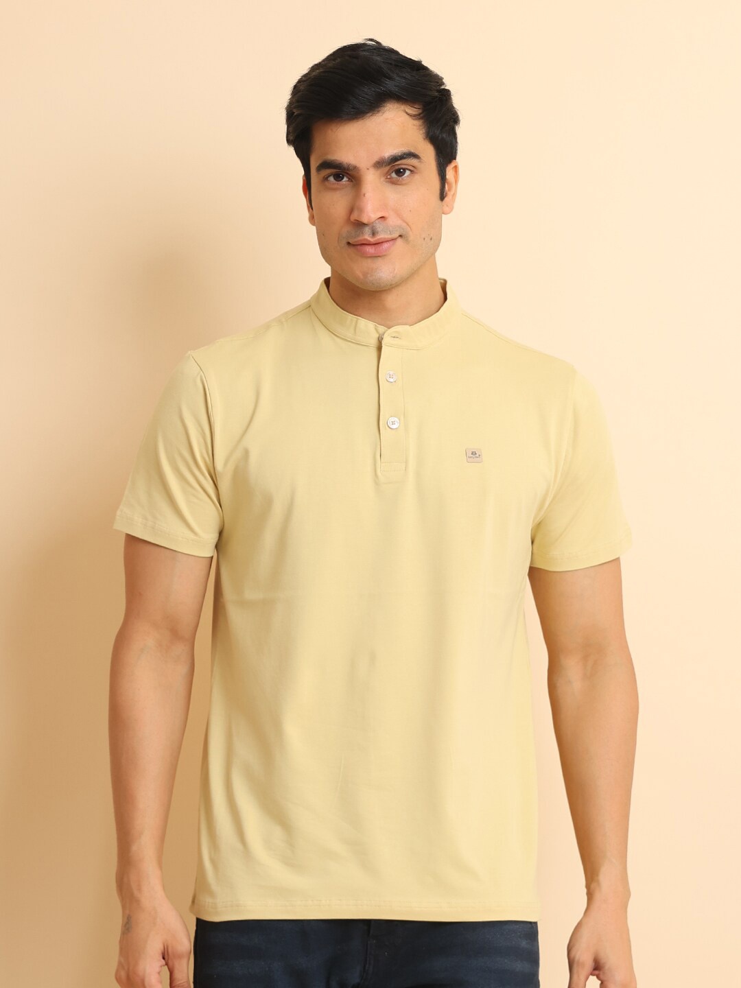 

berry blues Band Collar Short Sleeves Cotton T-shirt, Beige