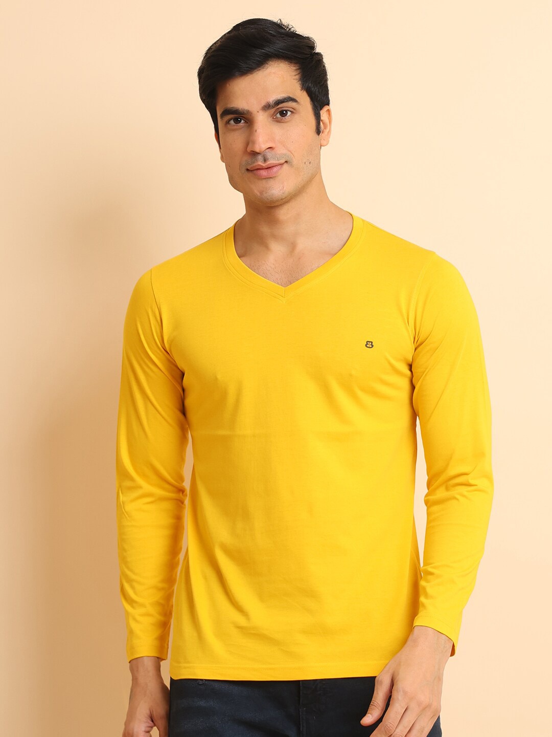 

berry blues Cotton V-Neck Long Sleeves T-Shirt, Yellow