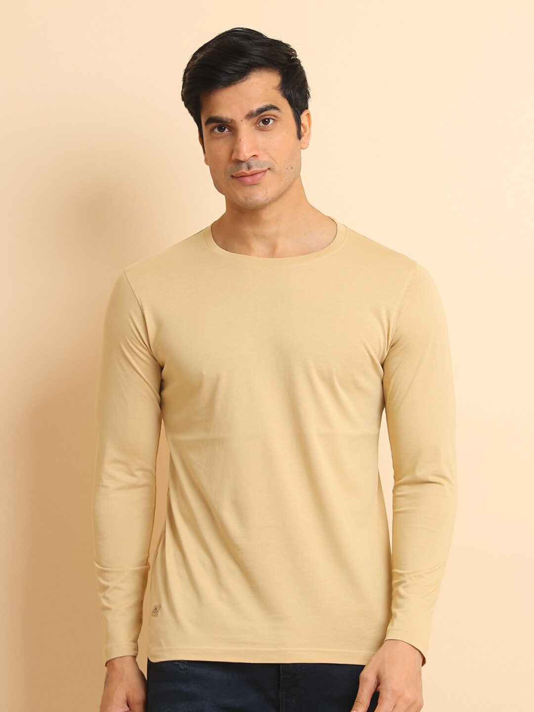 

berry blues Round Neck Long Sleeves Cotton T-shirt, Beige