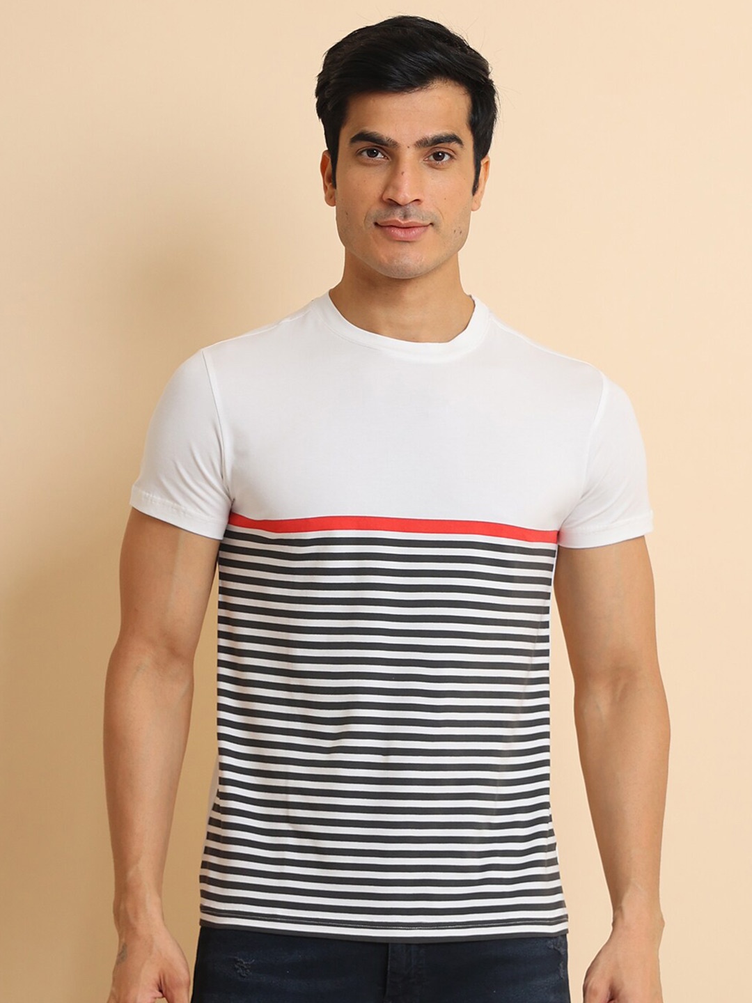 

berry blues Striped Short Sleeves Cotton T-shirt, Red