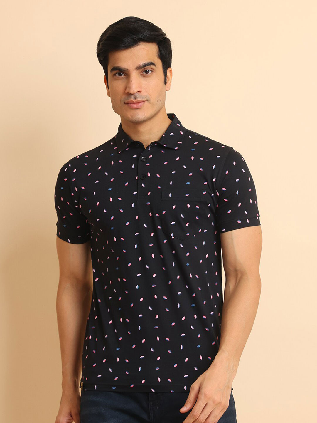 

berry blues Conversational Printed Short Sleeves Polo Collar Casual Cotton T-shirt, Black