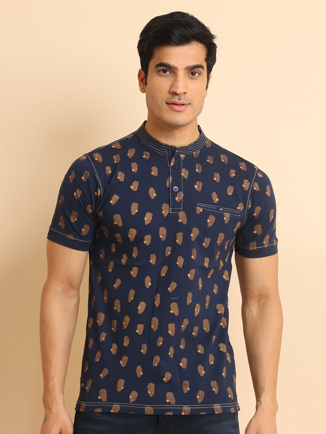 

berry blues Printed Band Collar Short Sleeves Cotton T-shirt, Navy blue