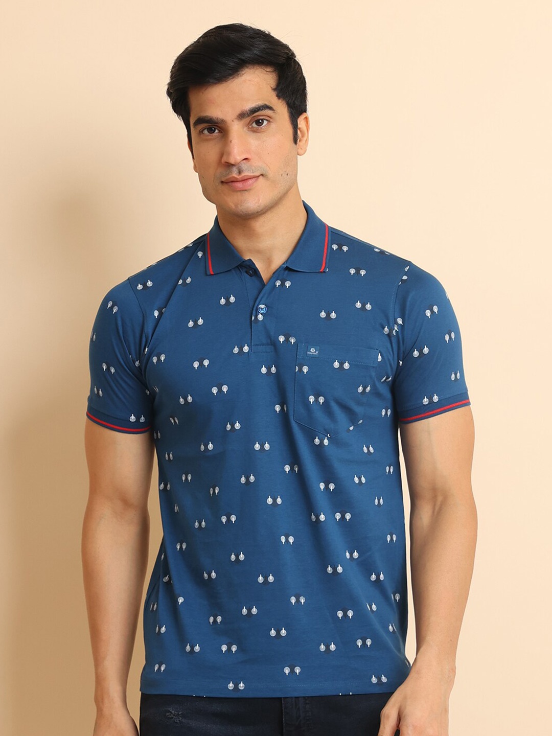 

berry blues Conversational Printed Polo Collar Short Sleeves Cotton T-shirt, Blue