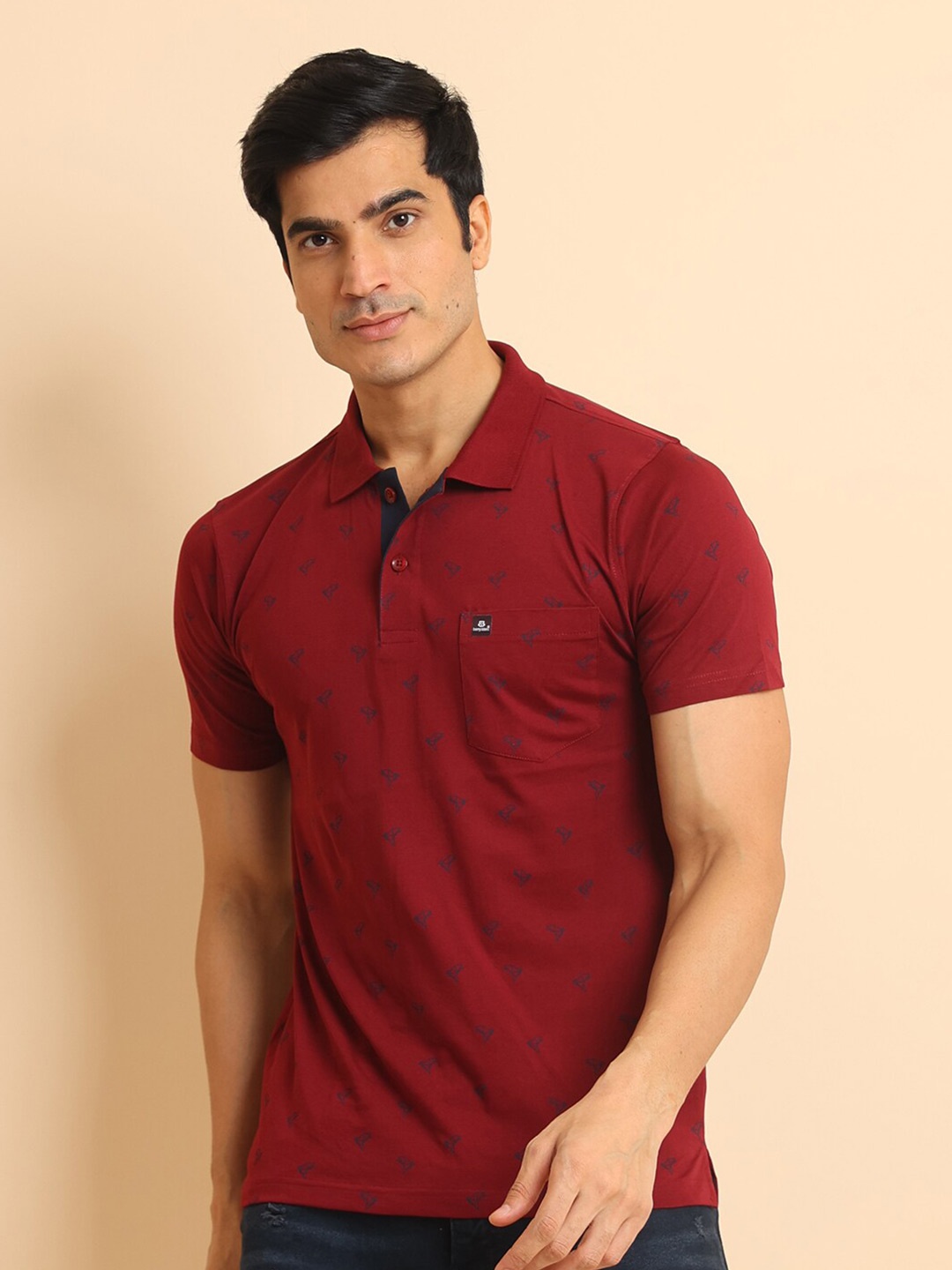 

berry blues Conversational Printed Polo Collar Short Sleeves Cotton T-shirt, Red