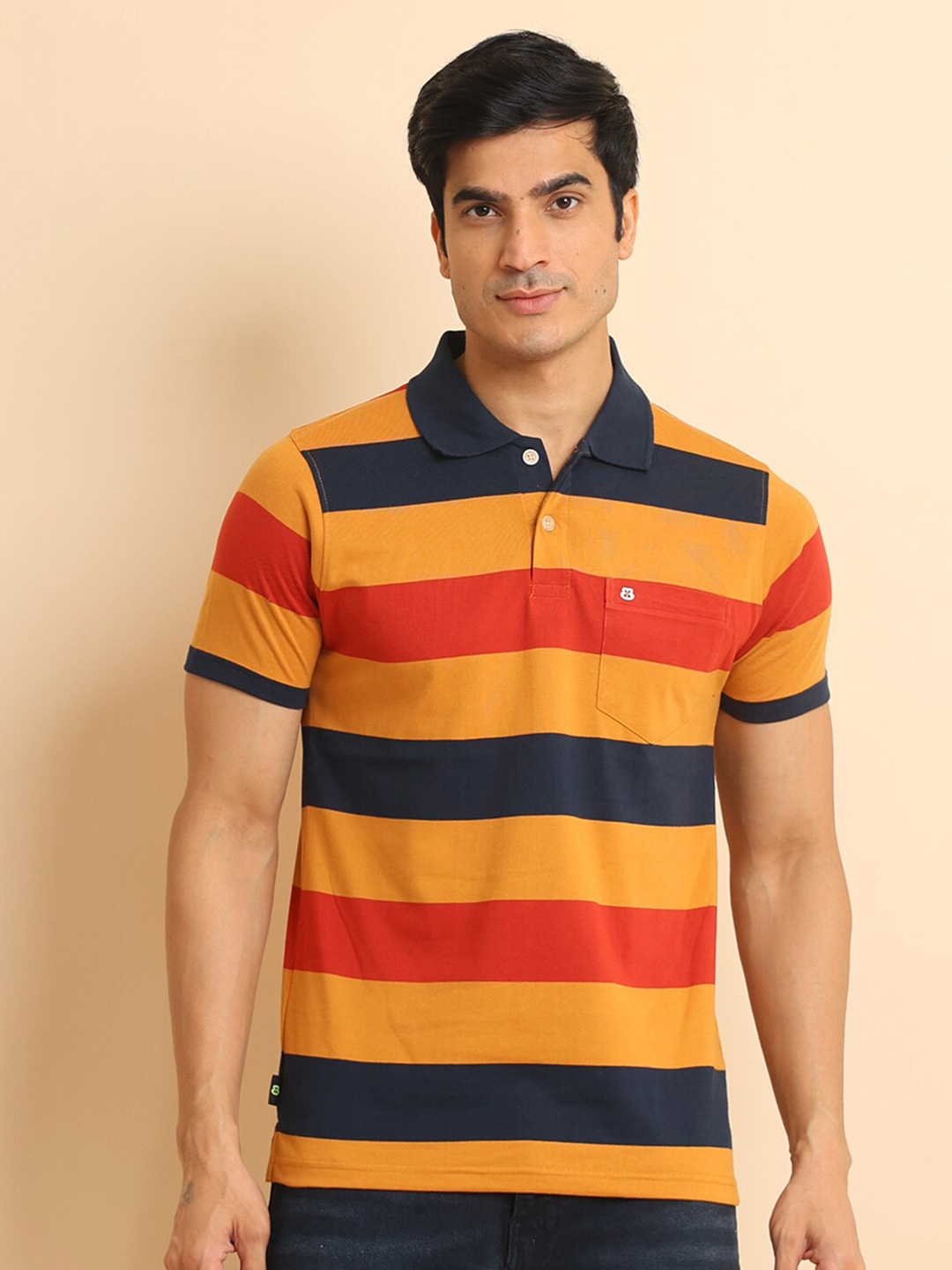 

berry blues Striped Short Sleeves Polo Collar Cotton T-shirt, Orange