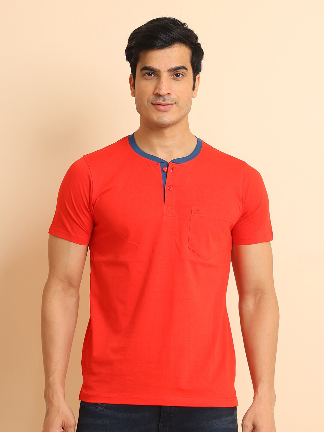 

berry blues Abstract Printed Henley Neck Short Sleeves Cotton T-shirt, Red