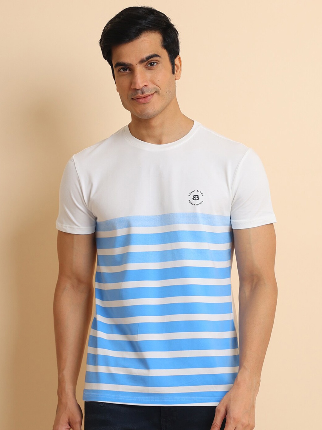 

berry blues Striped Round Neck Short Sleeves Cotton Casual T-shirt, White