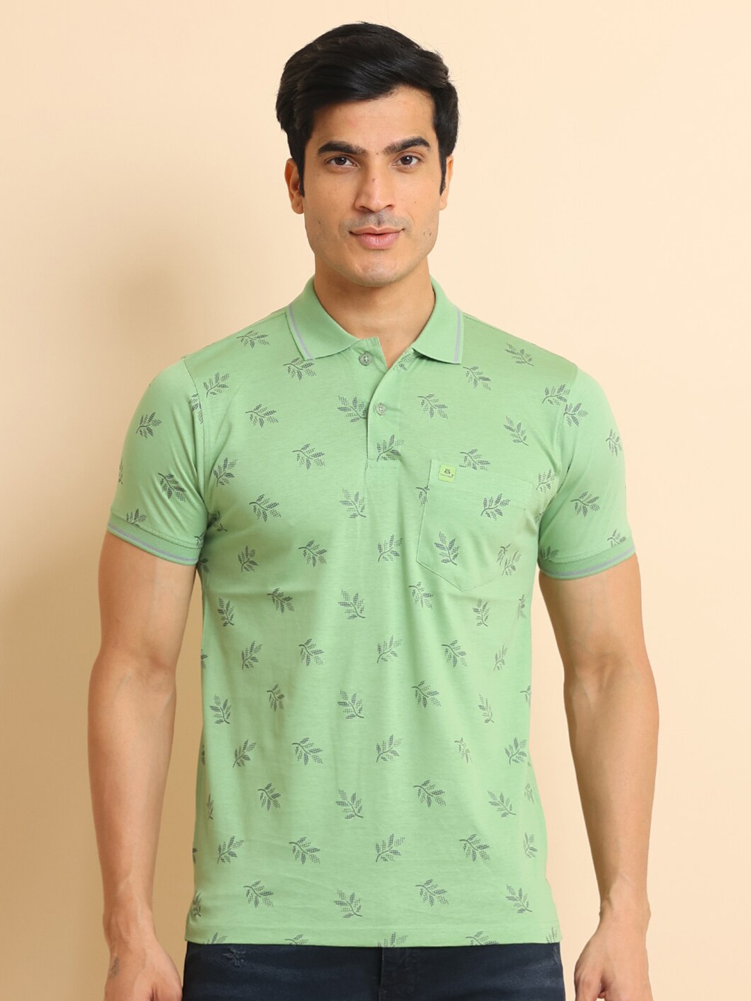 

berry blues Floral Printed Polo Collar Short Sleeves Cotton T-Shirt, Green