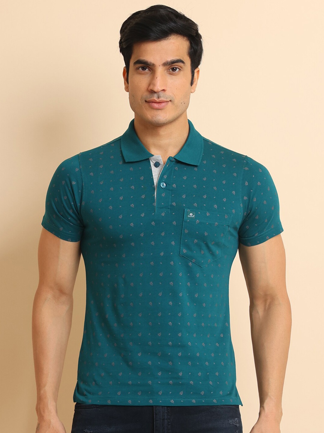 

berry blues Floral Printed Polo Collar Short Sleeves Cotton T-Shirt, Teal