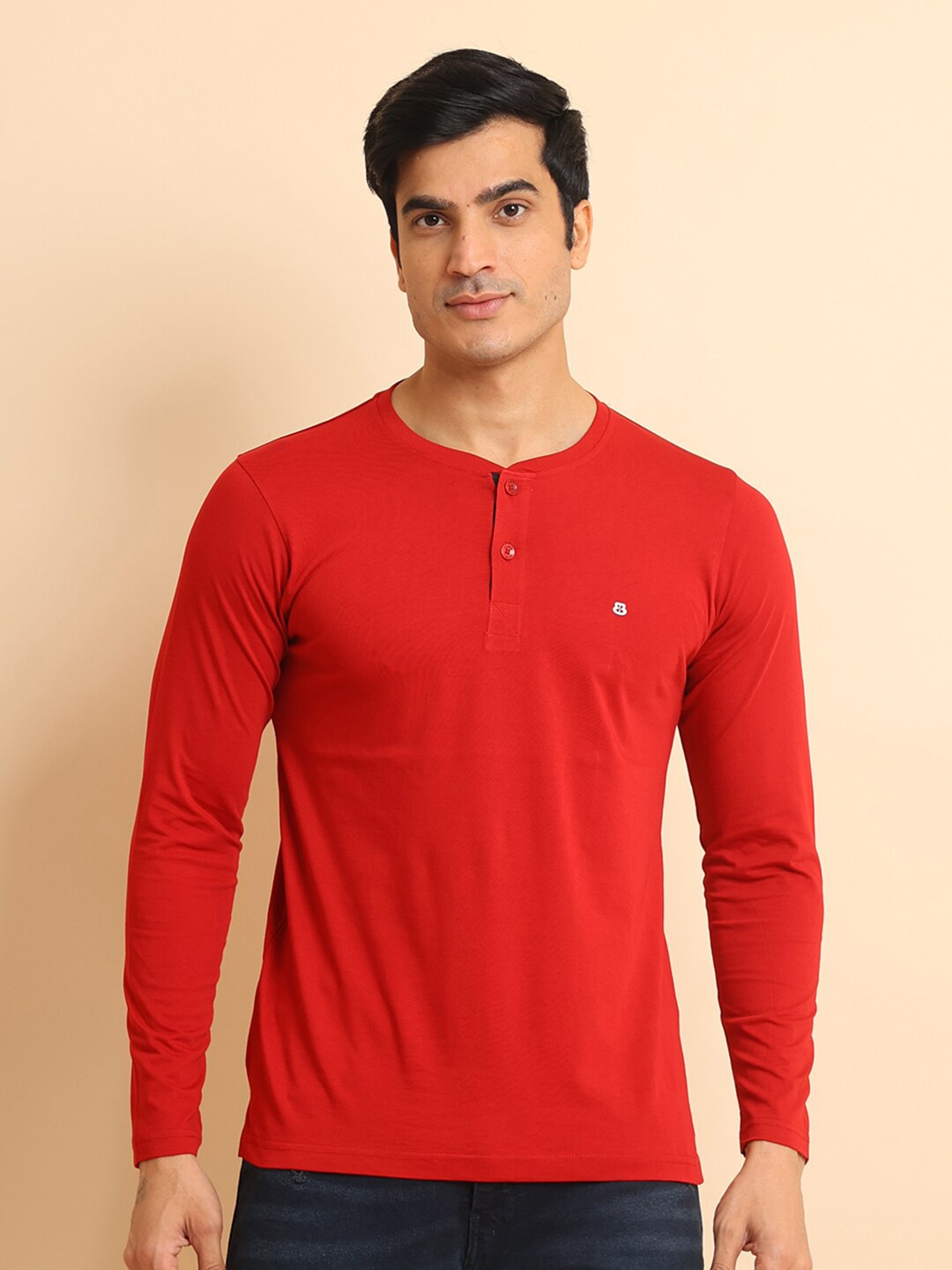 

berry blues Henley Neck Long Sleeves Cotton T-Shirt, Red