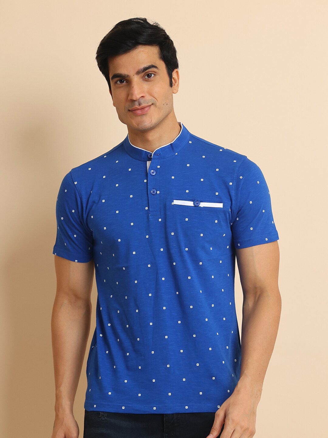 

berry blues Geometric Printed Band Collar Short Sleeves Cotton T-shirt, Blue