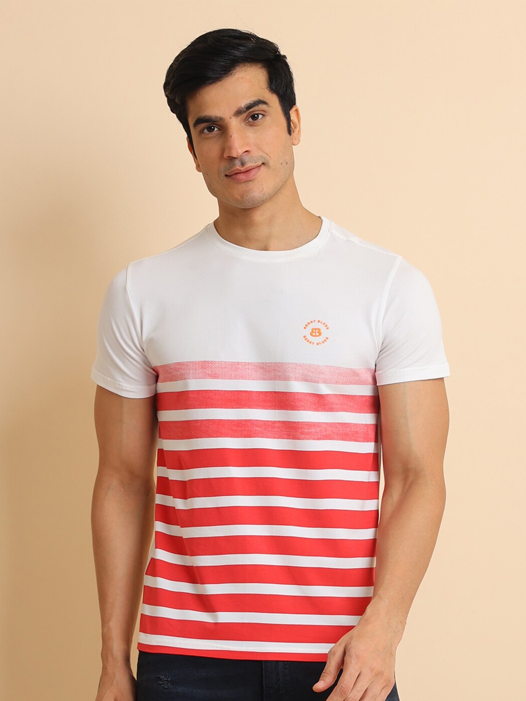 

berry blues Striped Cotton Short Sleeves Casual T-shirt, Red