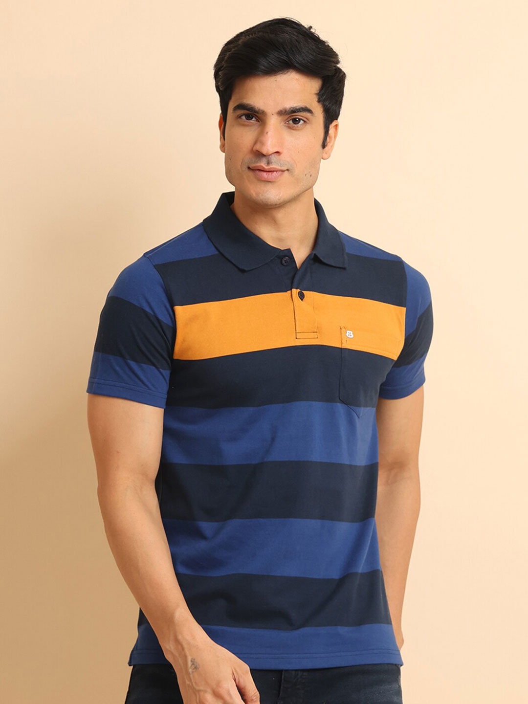 

berry blues Striped Polo Collar Short Sleeves Cotton T-shirt, Navy blue