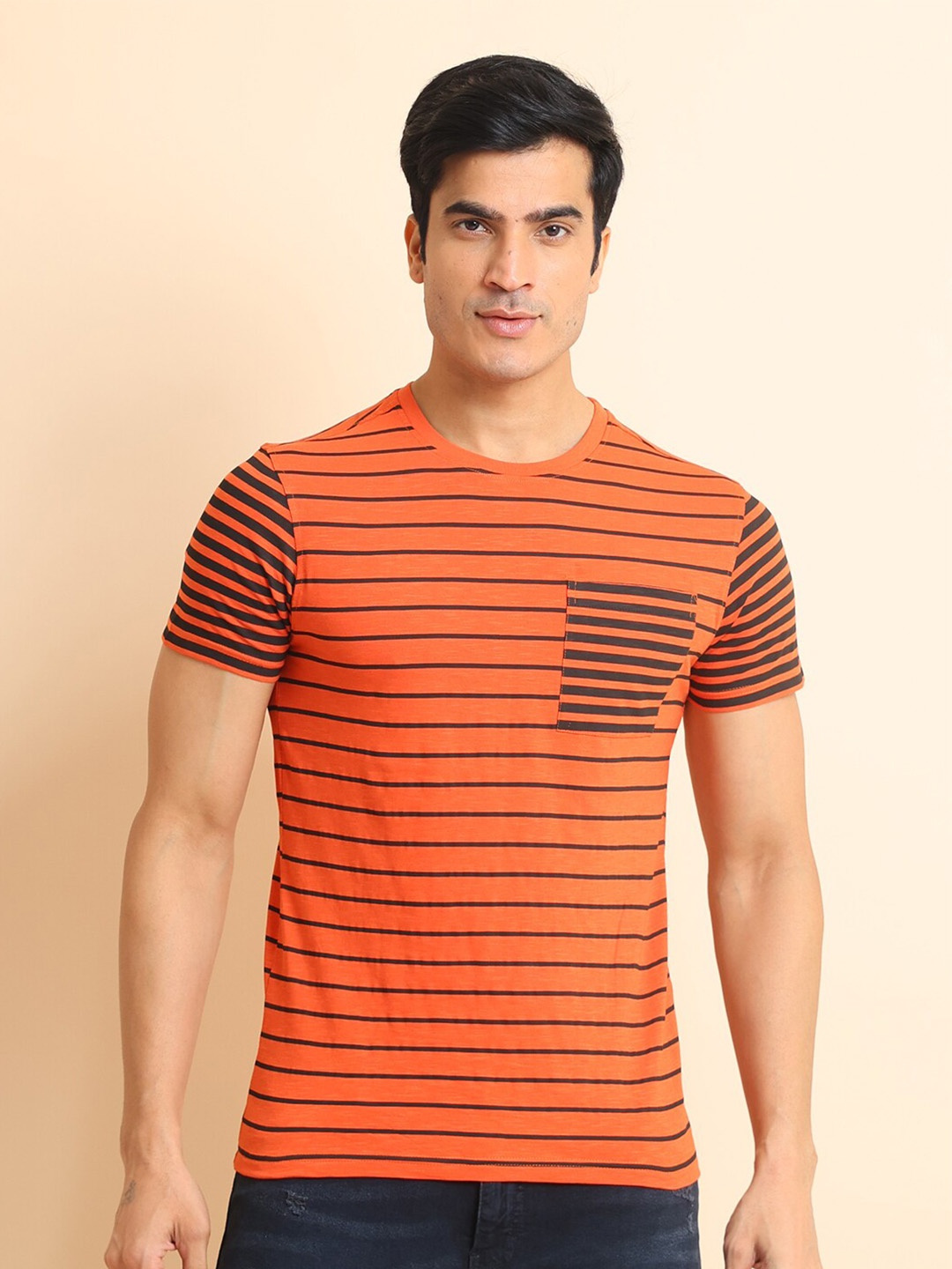 

berry blues Striped Round Neck Short Sleeves Cotton T-shirt, Rust