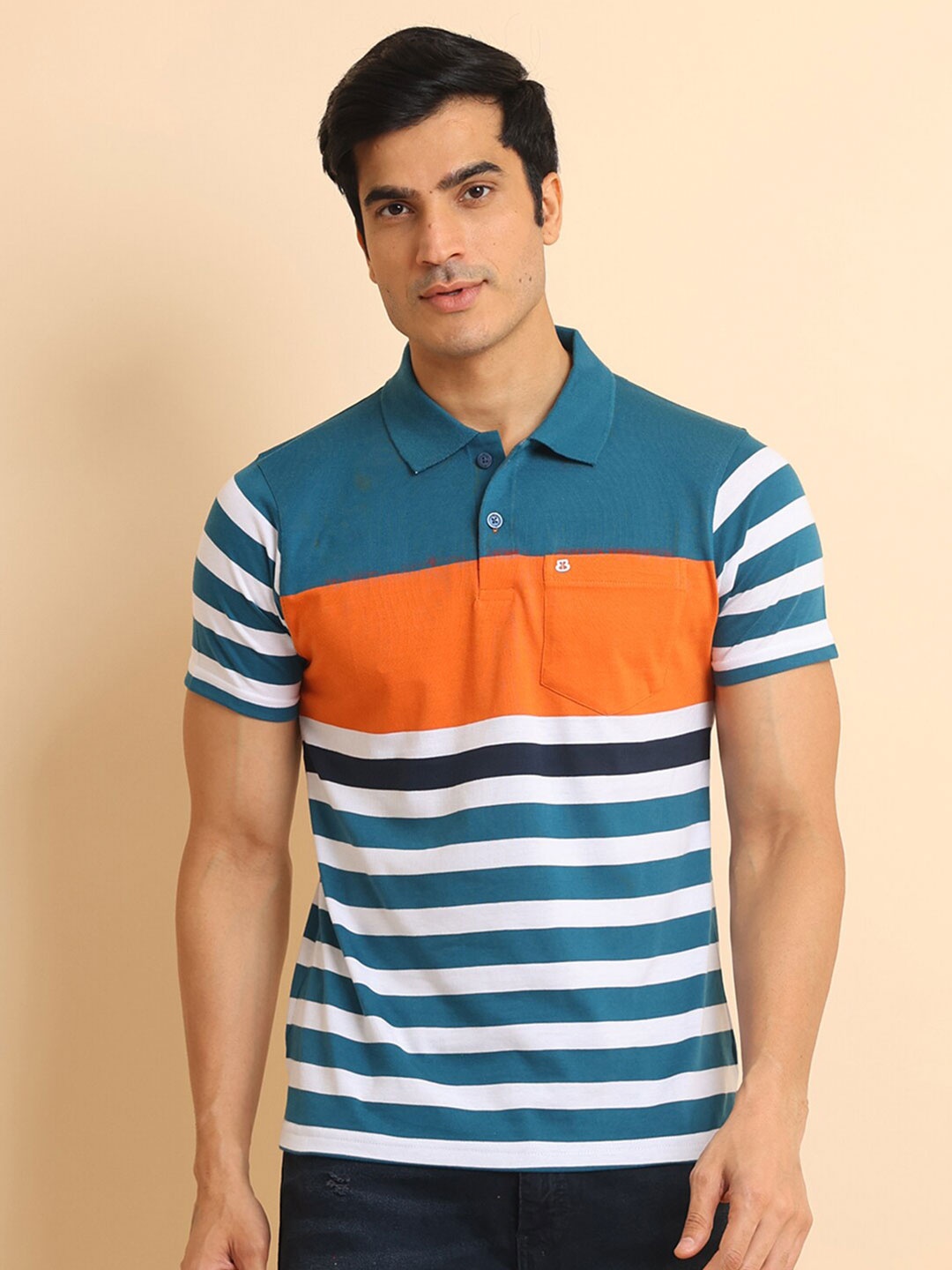 

berry blues Striped Polo Collar Short Sleeves Cotton T-shirt, Teal