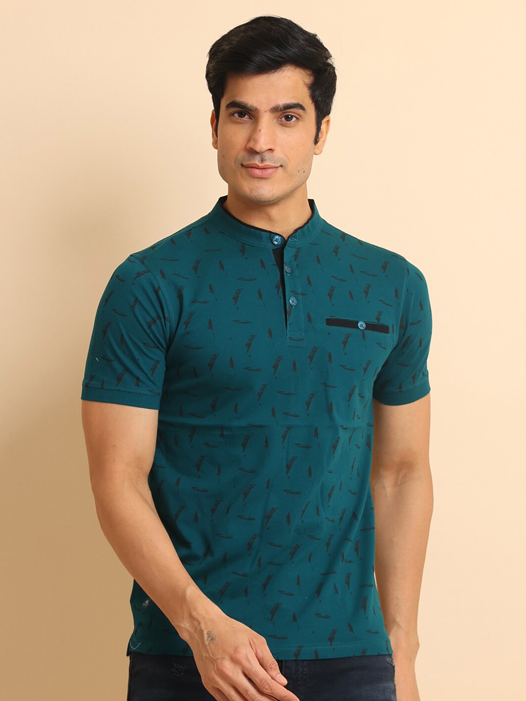 

berry blues Printed Band Collar Short Sleeves Cotton T-shirt, Teal