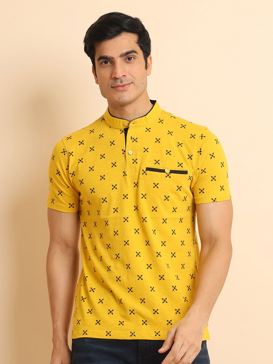 

berry blues Geoemteric Printed Short Sleeves Mandarin Collar Cotton T-shirt, Mustard