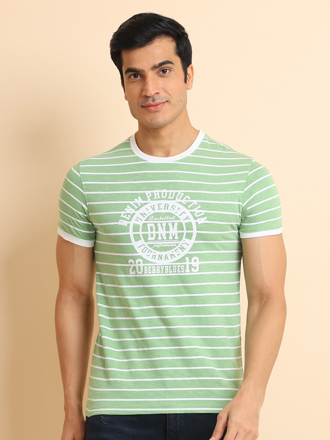 

berry blues Striped Round Neck Short Sleeves Cotton T-shirt, Green