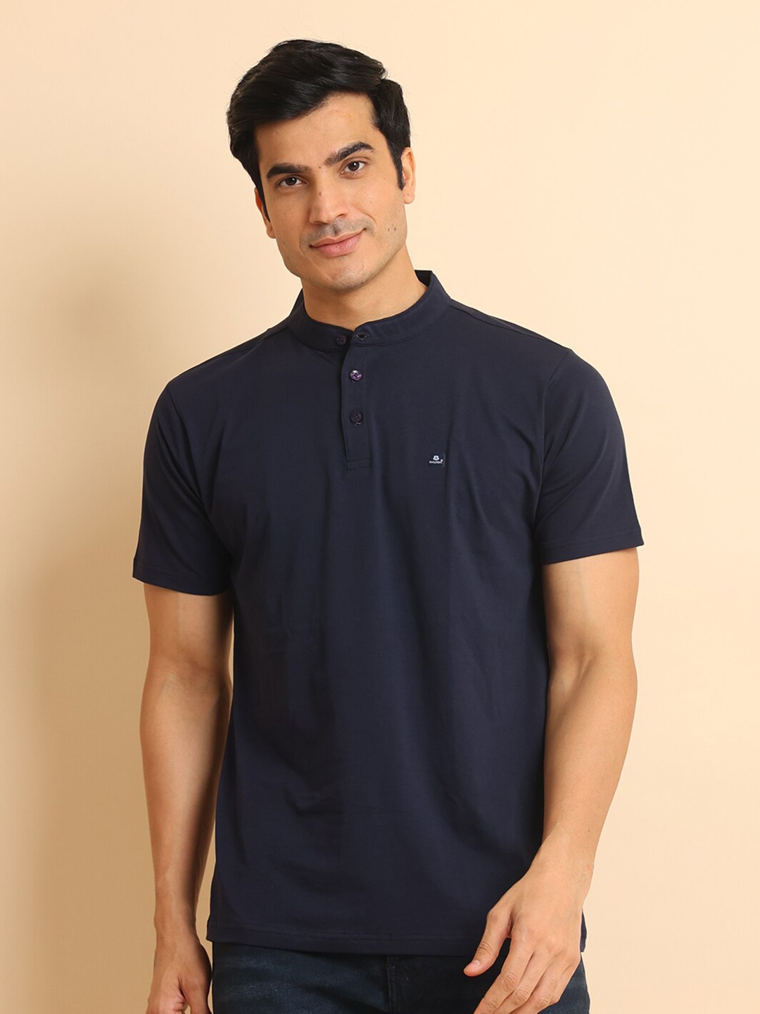 

berry blues Mandarin Collar Short Sleeves Casual Cotton T-shirt, Navy blue