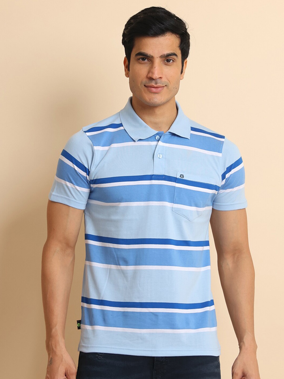 

berry blues Striped Polo Collar Short Sleeves Cotton T-shirt, Blue
