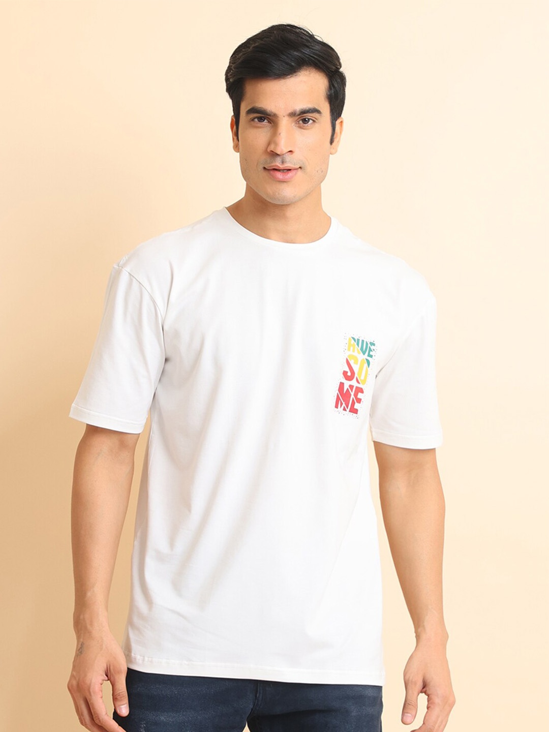 

berry blues Typography Printed Short Sleeves Cotton Casual T-shirt, Off white