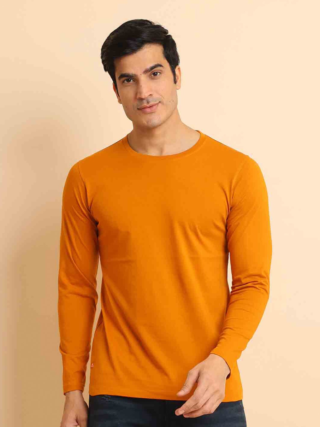 

berry blues Round Neck Long Sleeves Cotton T-shirt, Mustard