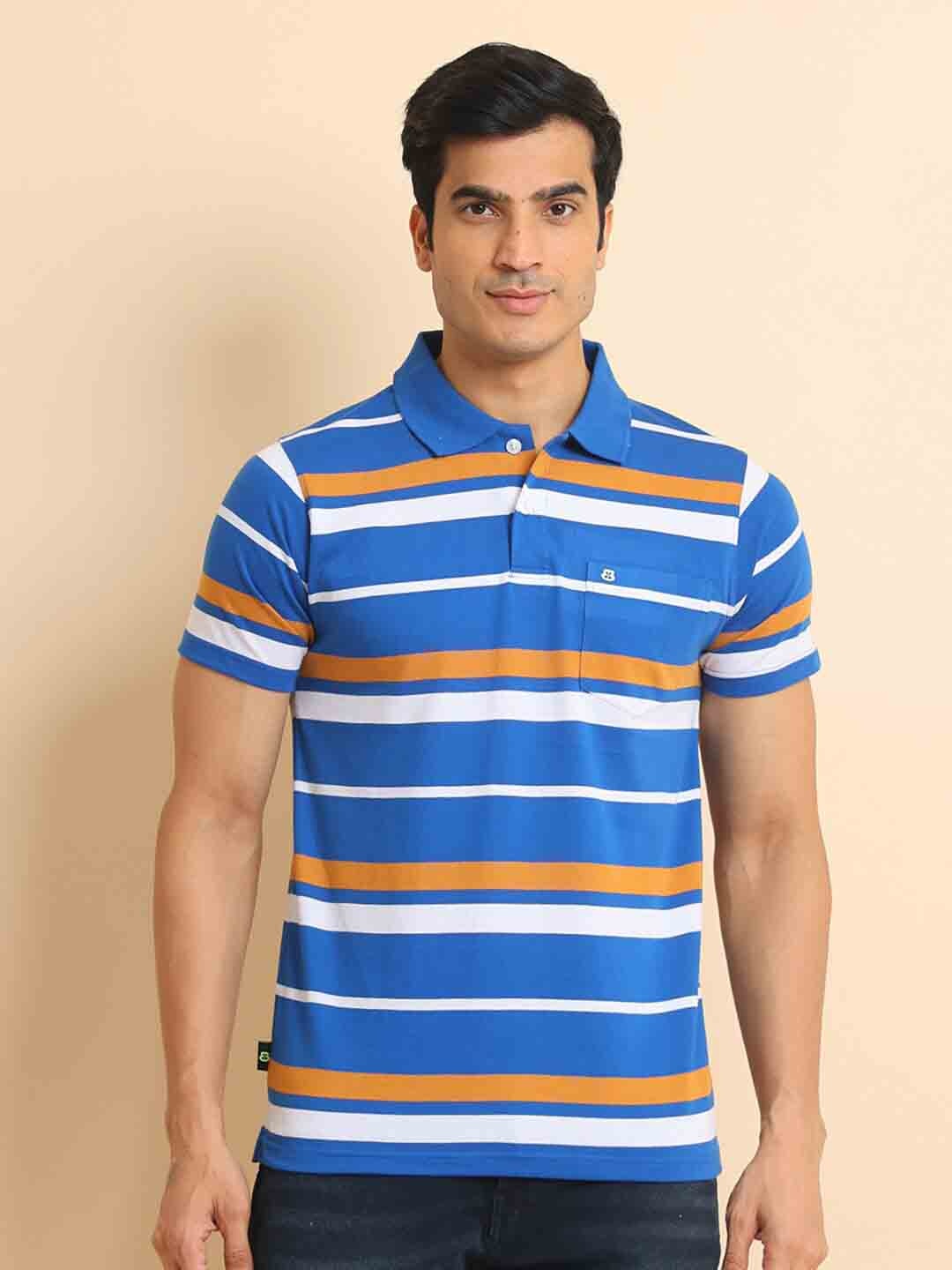 

berry blues Striped Polo Collar Short Sleeves Cotton T-Shirt, Blue