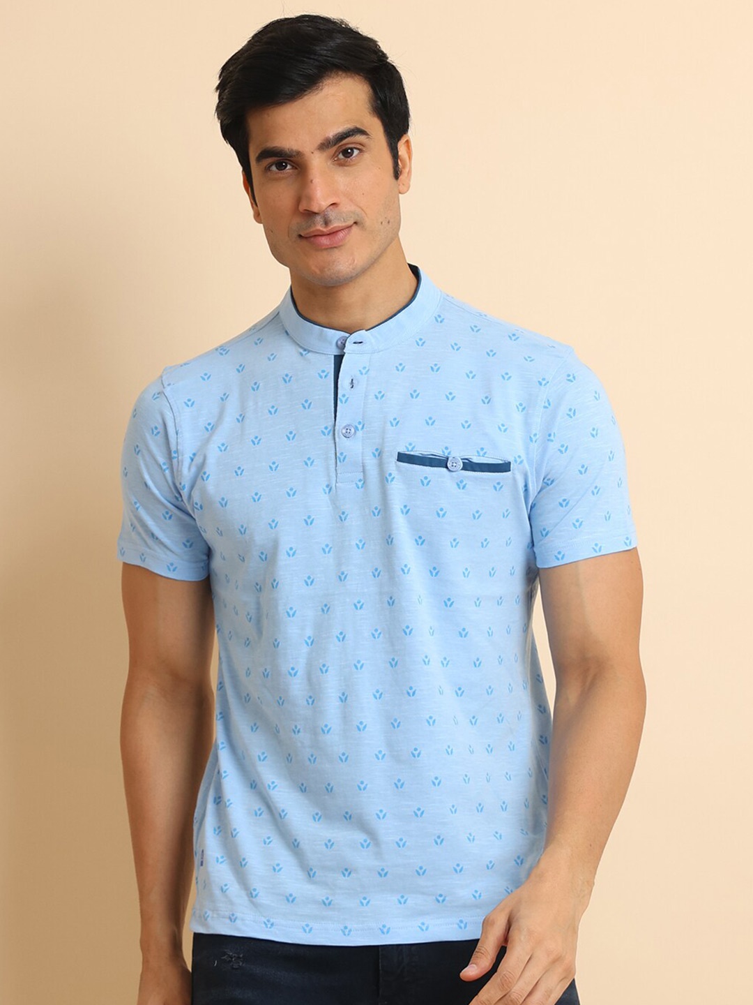 

berry blues Floral Printed Band Collar Short Sleeves Cotton T-shirt, Blue