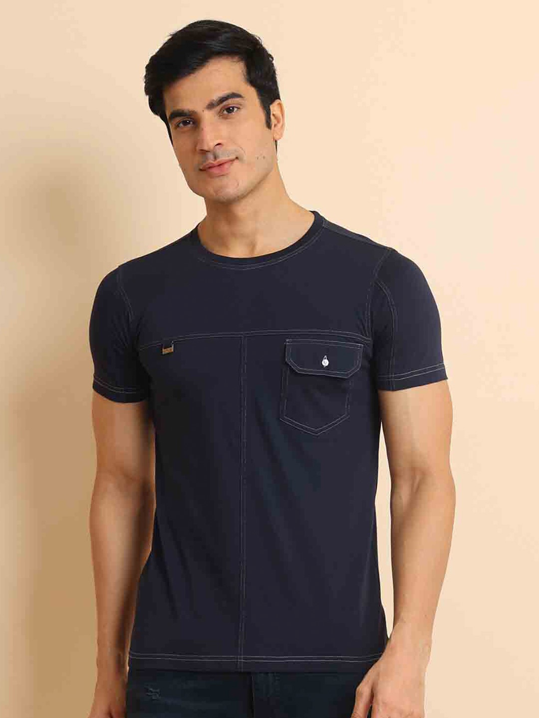 

berry blues Round Neck Short Sleeves Casual Cotton T-shirt, Navy blue