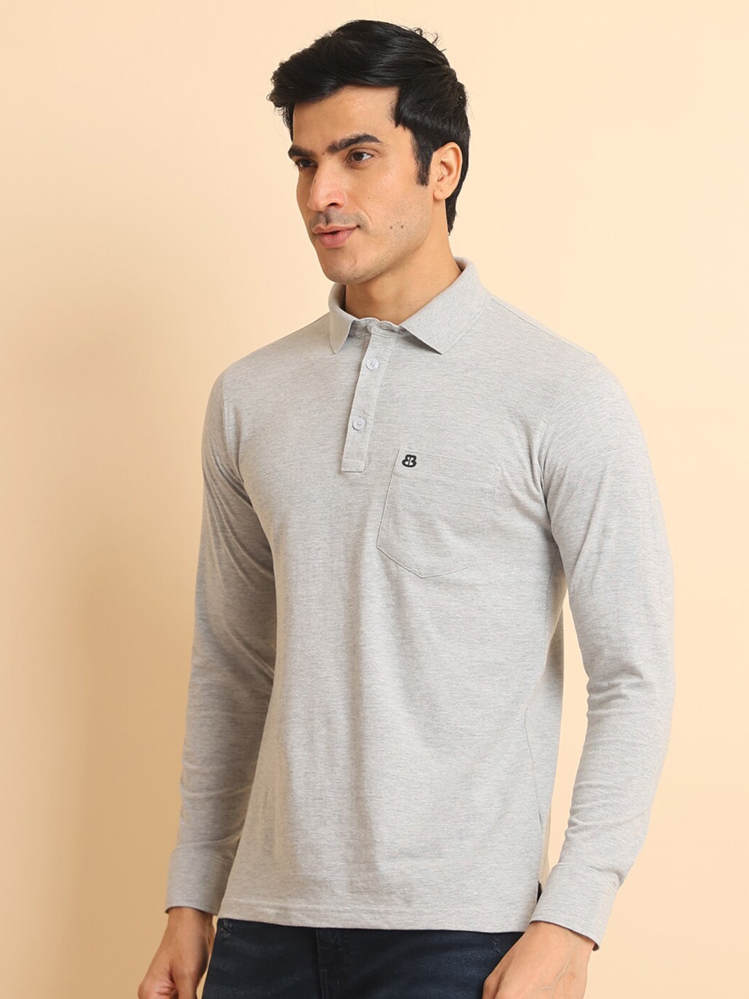 

berry blues Polo Collar Long Sleeves Cotton T-Shirt, Grey