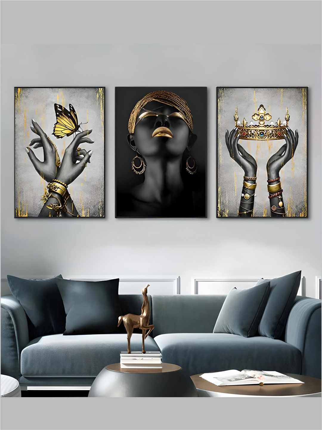 

The Art House 3 Pieces Black & Gold Toned Wooden Wall Art