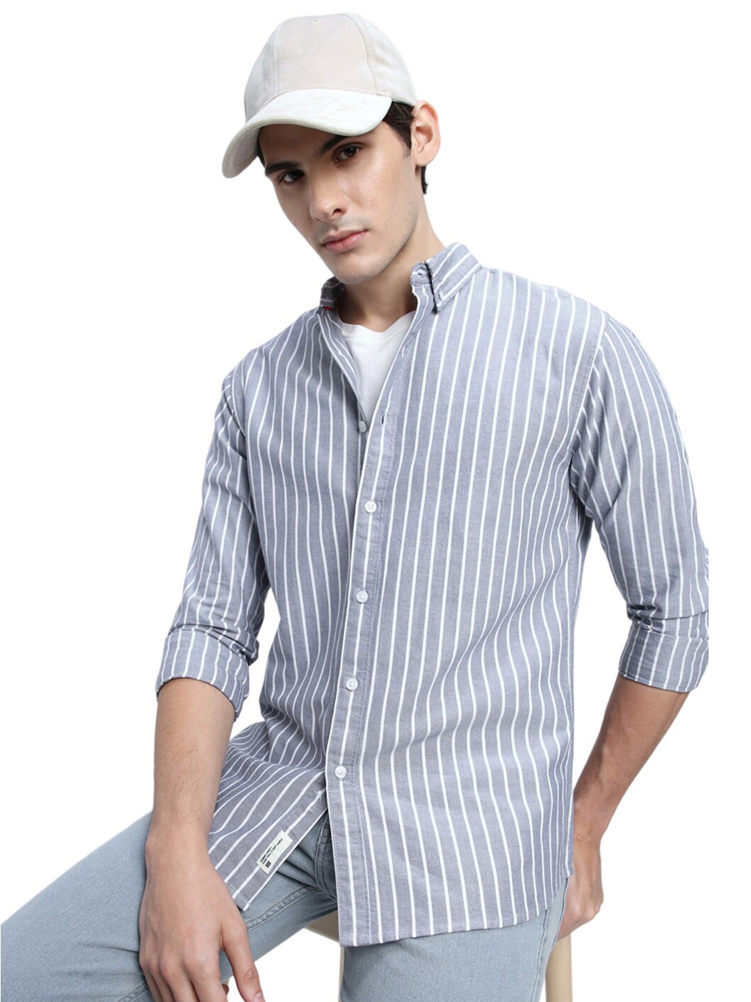 

Dennis Lingo Vertical Striped Pure Cotton Casual Shirt, Navy blue