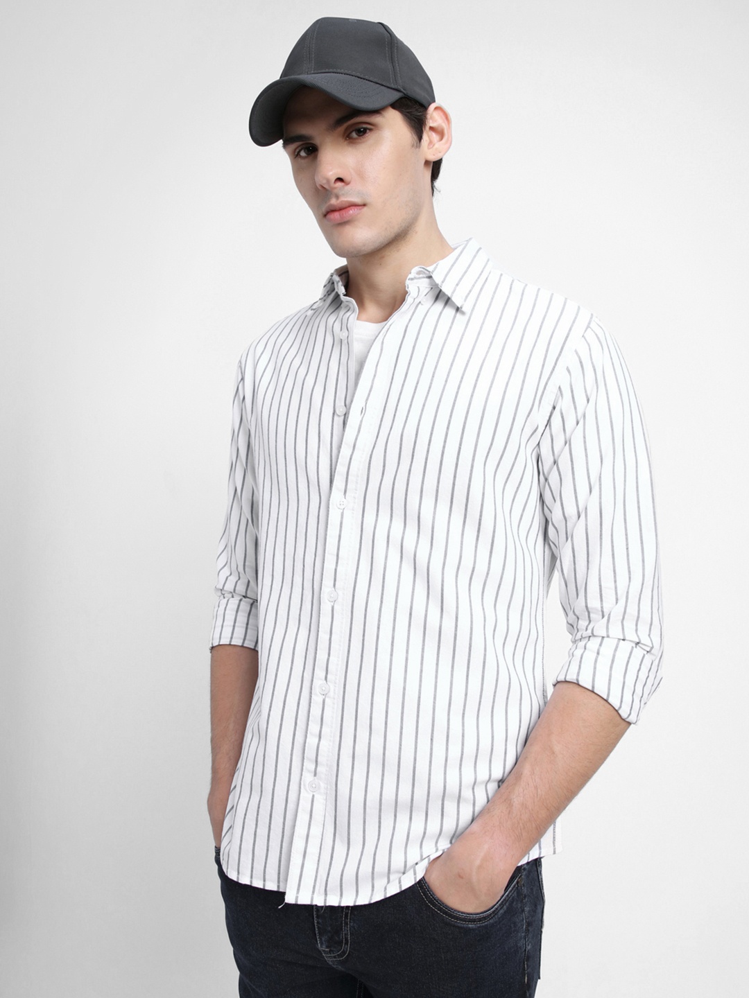 

Dennis Lingo Vertical Striped Pure Cotton Casual Shirt, White